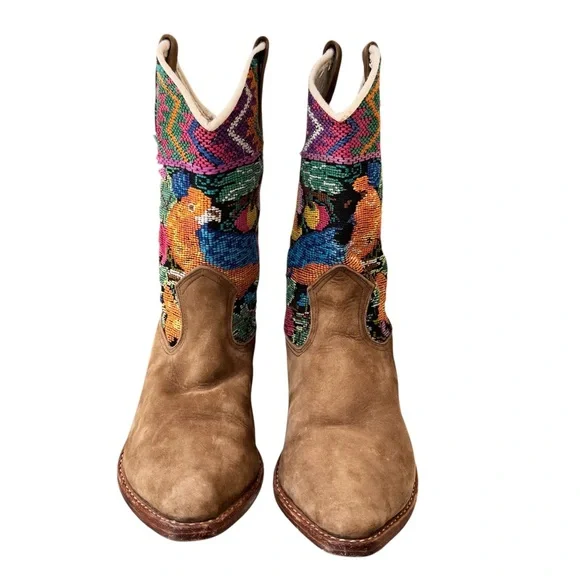 Genuine Suede Colorful Embroidered Southwestern Cowboy‎ Boots - Picture 7 of 8
